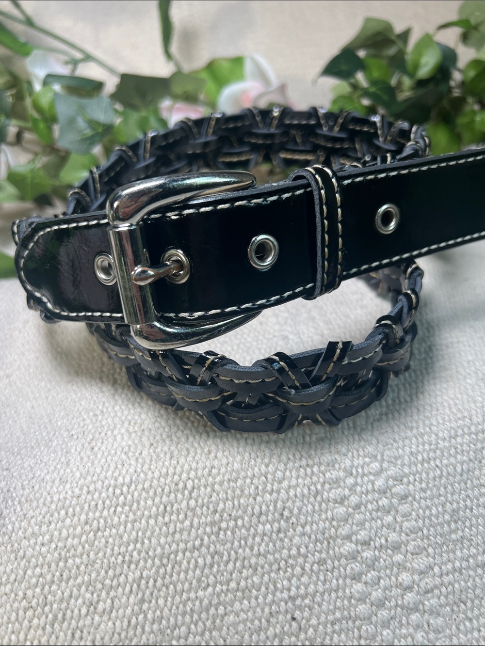 🔥Vintages Apostrophe Black Patent Braided Belt with Silver Buckle